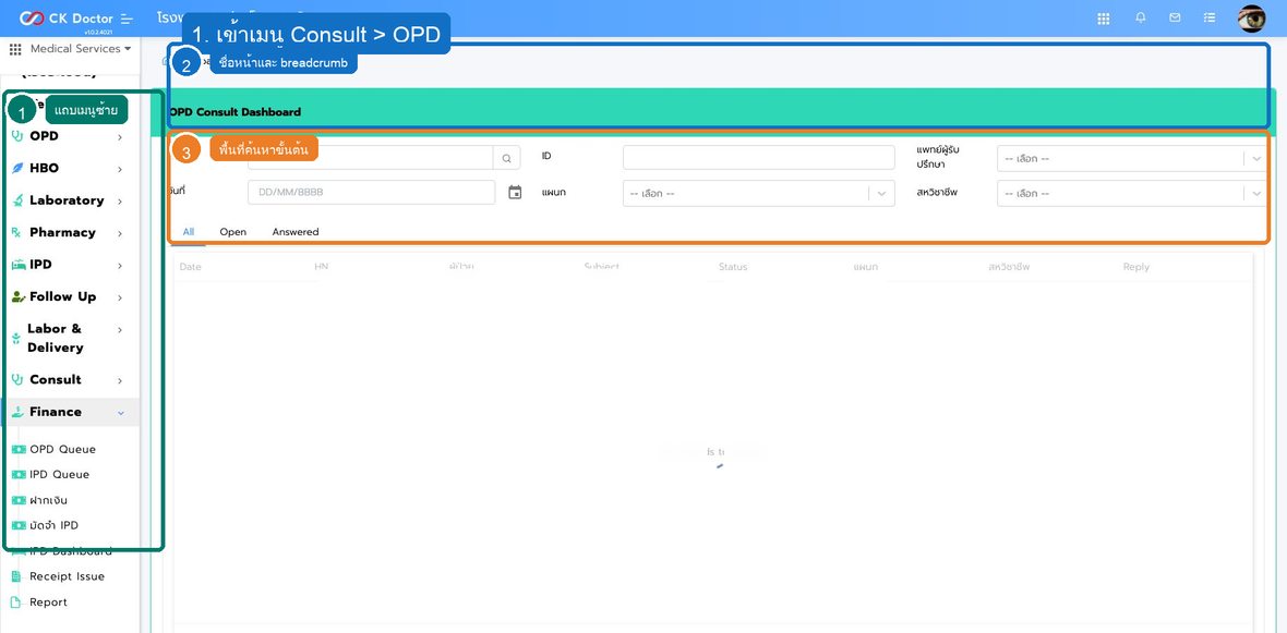 รูปที่ 1 ตำแหน่งเมนูและหน้าจอหลักของ การใช้งาน Consult OPD