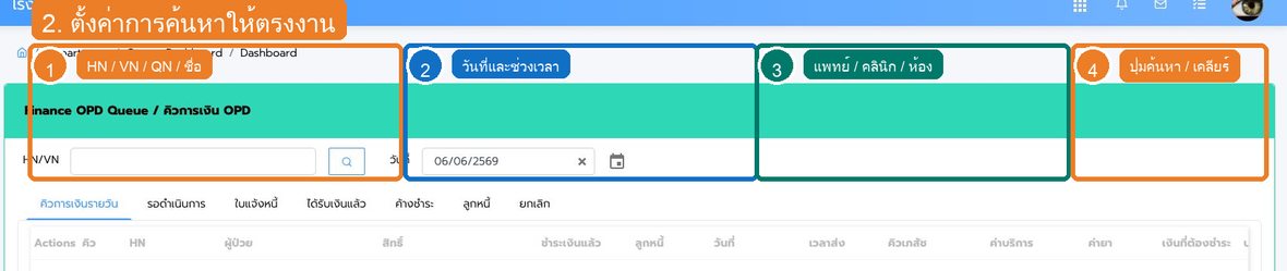 รูปที่ 2 ช่องค้นหาและตัวกรองของ การใช้งาน Finance OPD Queue