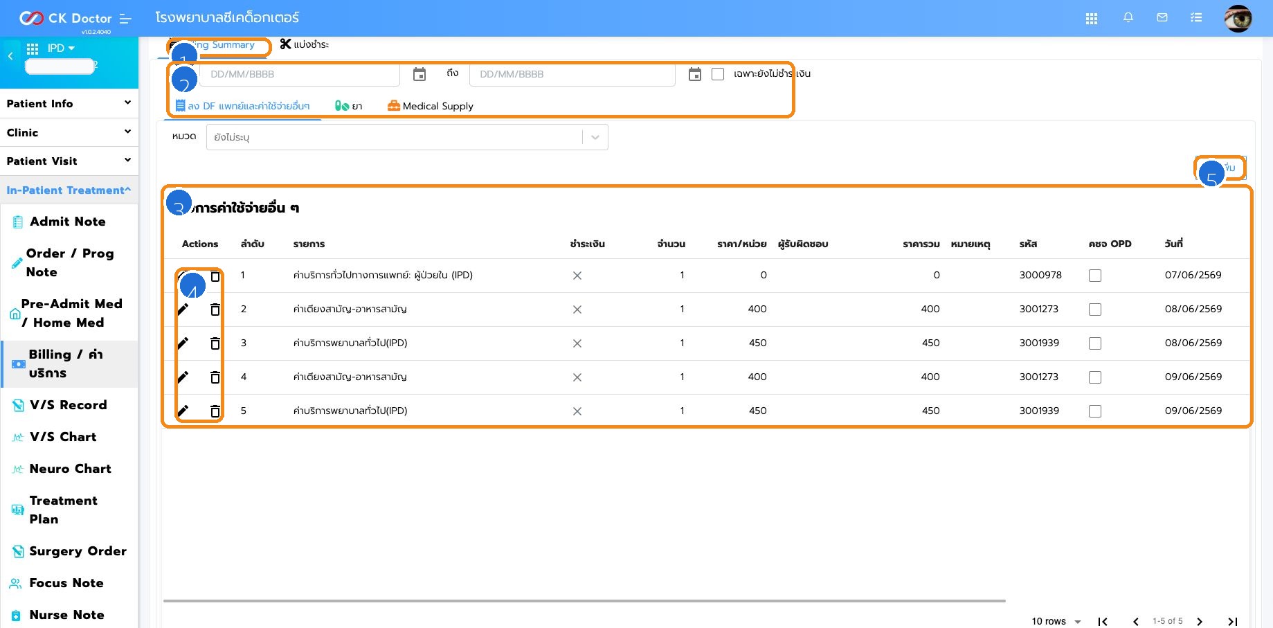 IPD Billing Summary ตารางค่าใช้จ่ายผู้ป่วยใน