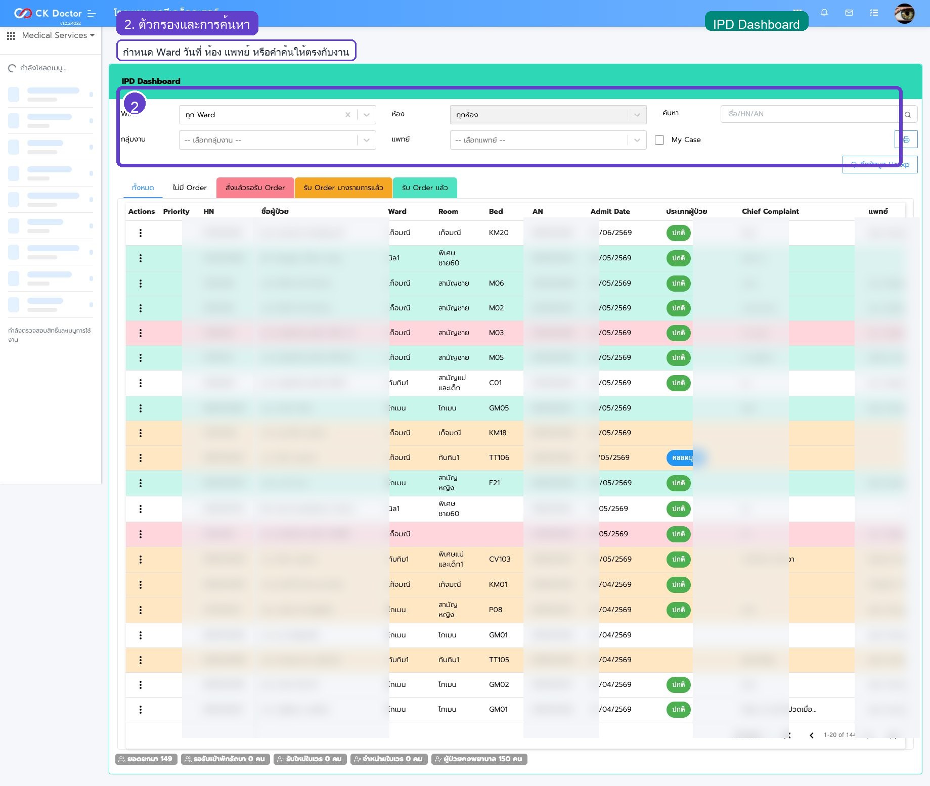 รูปที่ 2 IPD: Dashboard ผู้ป่วยใน: ตัวกรองและการค้นหา