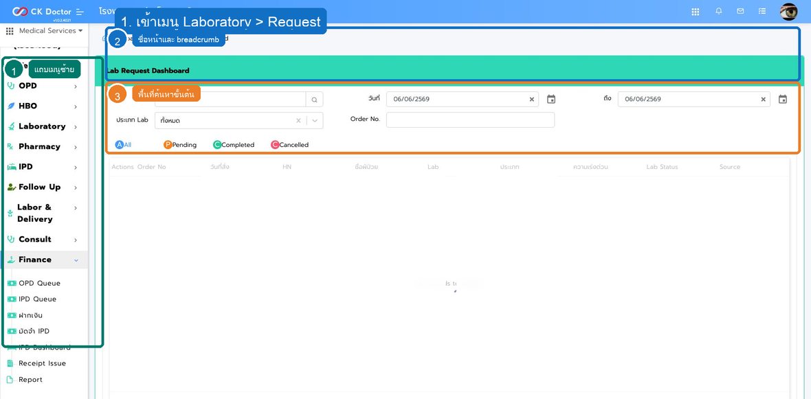 รูปที่ 1 ตำแหน่งเมนูและหน้าจอหลักของ การติดตาม Lab Request จาก OPD