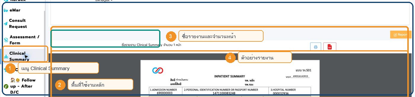 หน้าจอ Clinical Summary ใน Patient Chart พร้อมตำแหน่งสำคัญ
