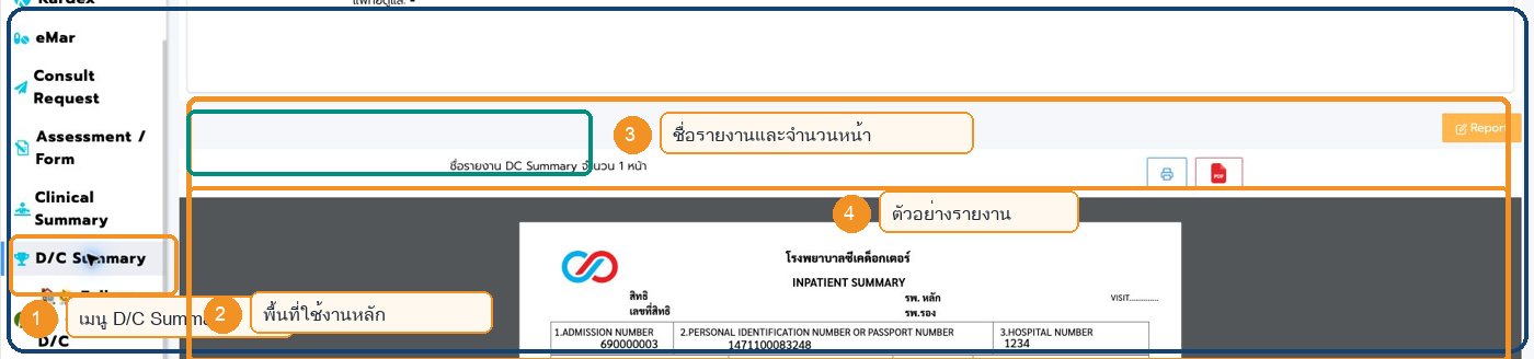 หน้าจอ D/C Summary ใน Patient Chart พร้อมตำแหน่งสำคัญ