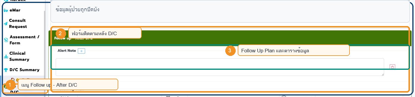 หน้าจอ Follow up - After D/C ใน Patient Chart พร้อมตำแหน่งสำคัญ
