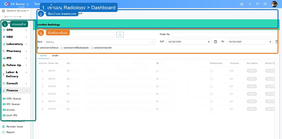 รูปที่ 1 ตำแหน่งเมนูและหน้าจอหลักของ การติดตาม Radiology Request จาก OPD